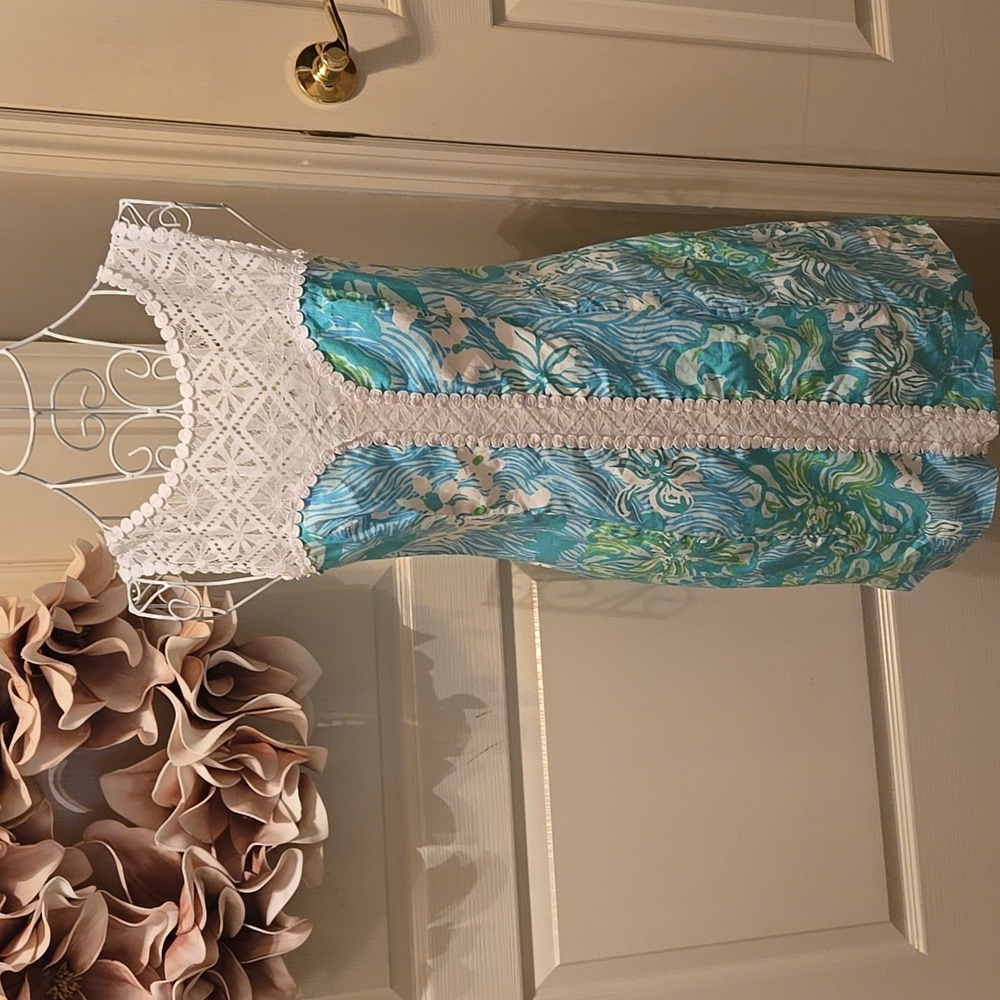 Lilly Pulitzer Aqua Green White Floral Sleeveless Dress White Lace Trim Sz 0 EUC